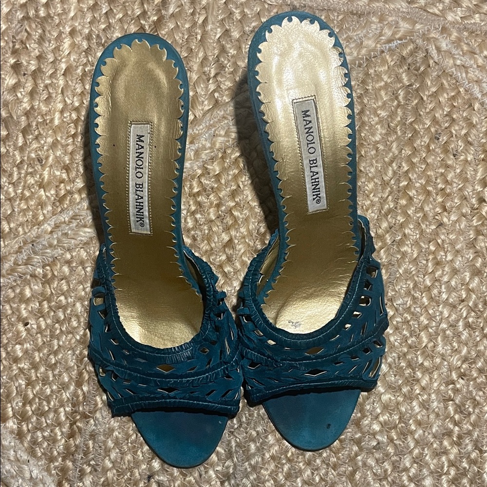 Manolo Blahnik Teal Cutout Mules